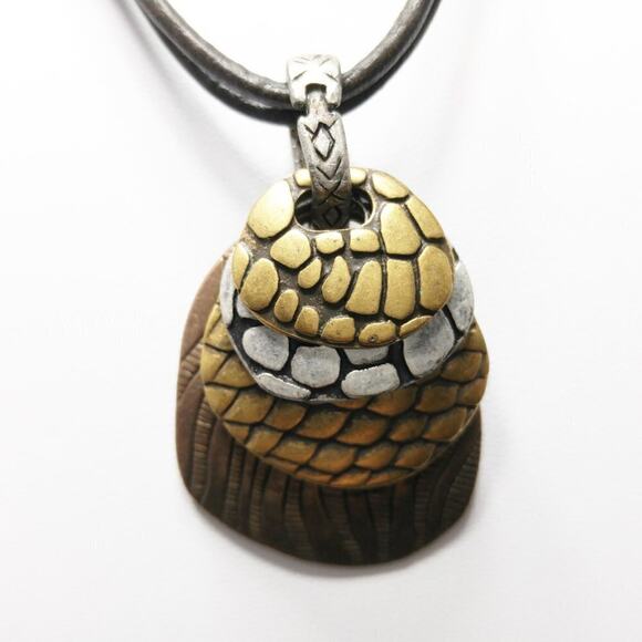 Chico’s Layered Metal Pendant Necklace Brown Leather Cord Silver Gold Tones - Picture 6 of 10